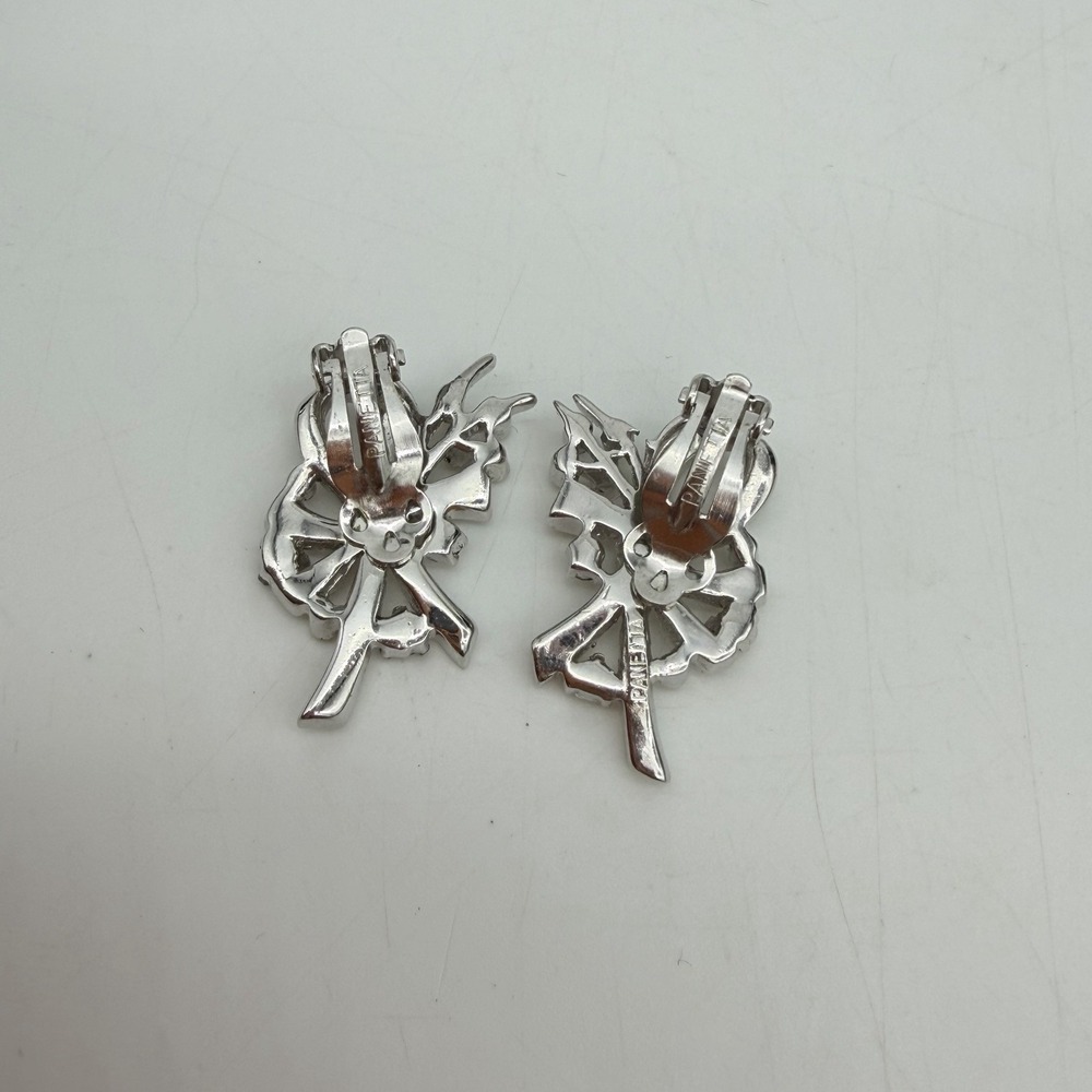 Vtg PANETTA  Rhinestone Earrings Floral Bow Signed Read - Picture 3 of 13